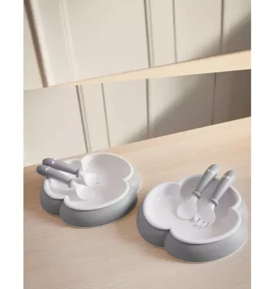 Baby Plate, Spoon and Fork, 2 Sets, Gray