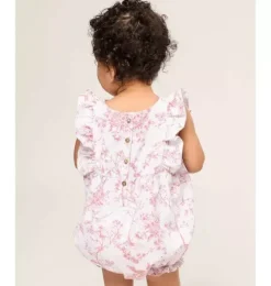 Baby's Twill Ruffled Romper in Pink Timeless Toile