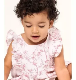 Baby's Twill Ruffled Romper in Pink Timeless Toile