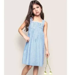 Girl's Twill Charlotte Nightgown in French Blue Seersucker