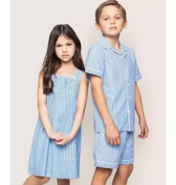 Girl's Twill Charlotte Nightgown in French Blue Seersucker