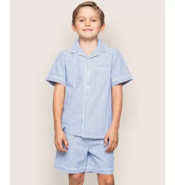 Kid's Twill Pajama Short Set in French Blue Seersucker