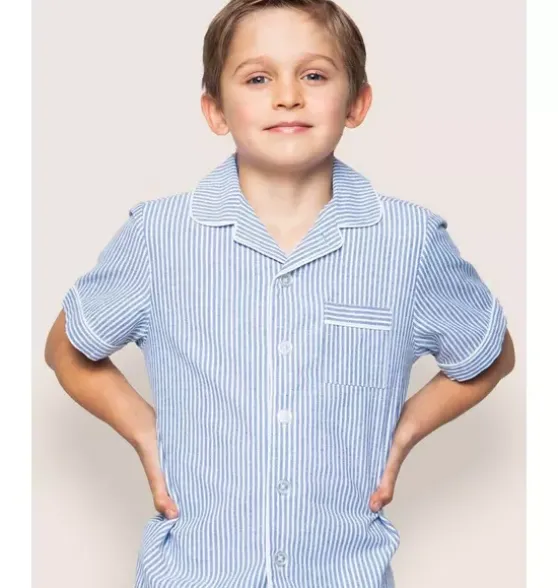 Kid's Twill Pajama Short Set in French Blue Seersucker