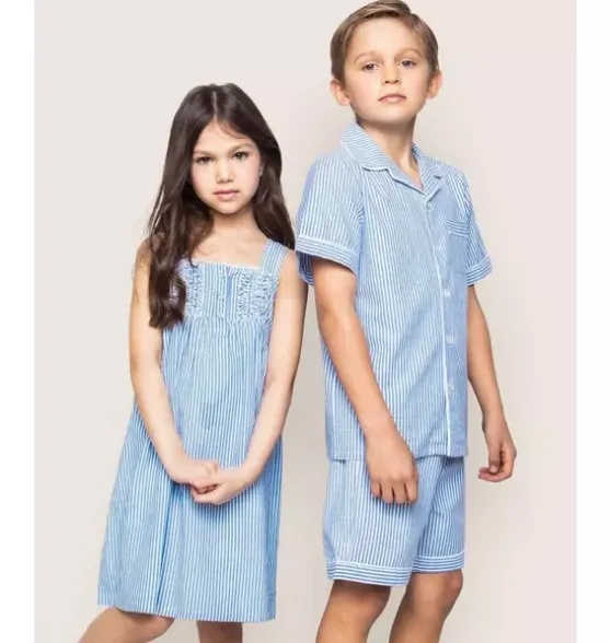 Kid's Twill Pajama Short Set in French Blue Seersucker