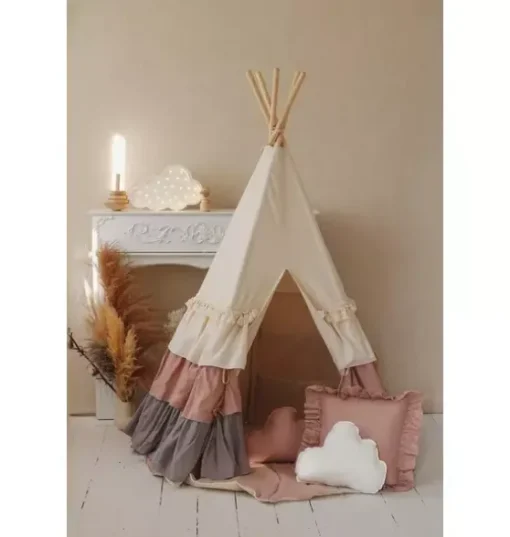 “Powder Frills” Teepee Tent with Frills and "Powder Pink" Shell Mat Set