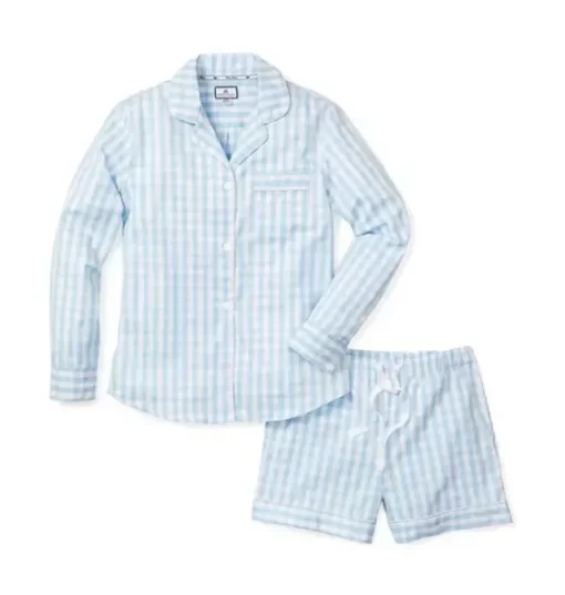 Light Blue Gingham Long Sleeve Short Set