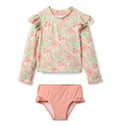 Recycled Floral Ruffle Rash Guard Swimsuit