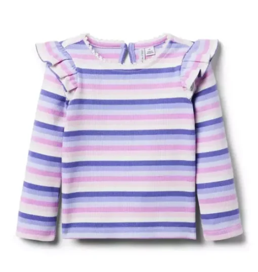Striped Ribbed Ruffle Shoulder Top