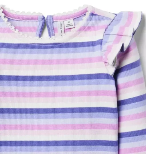 Striped Ribbed Ruffle Shoulder Top