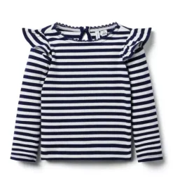 Striped Ribbed Ruffle Shoulder Top