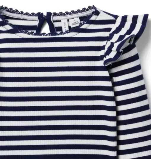 Striped Ribbed Ruffle Shoulder Top