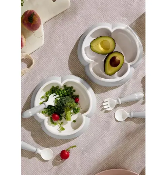 Baby Plate, Spoon and Fork, 2 Sets, Gray
