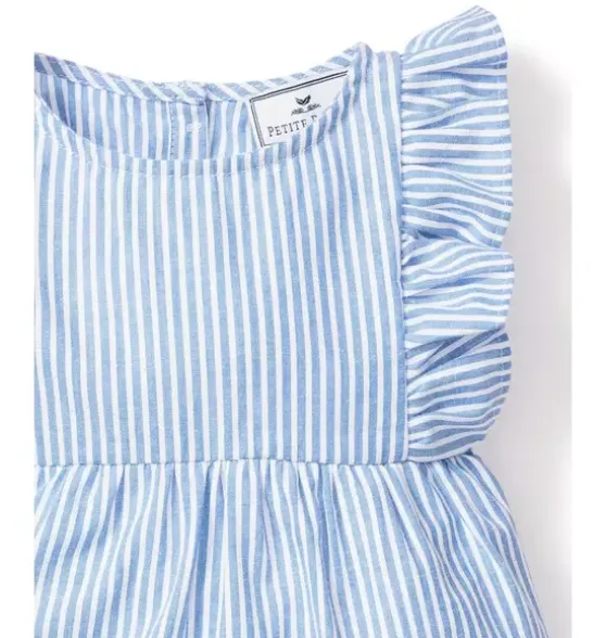 Baby's Twill Ruffled Romper in French Blue Seersucker