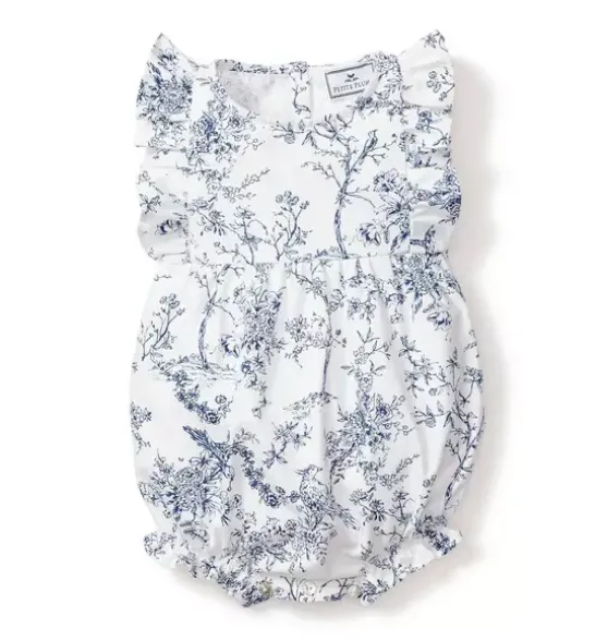 Baby's Twill Ruffled Romper in Blue Timeless Toile
