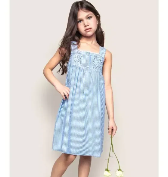 Girl's Twill Charlotte Nightgown in French Blue Seersucker