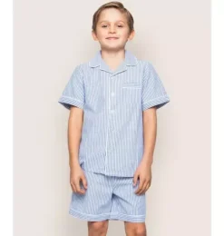 Kid's Twill Pajama Short Set in French Blue Seersucker