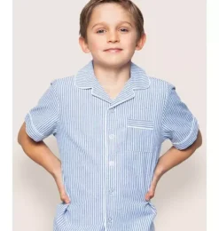 Kid's Twill Pajama Short Set in French Blue Seersucker
