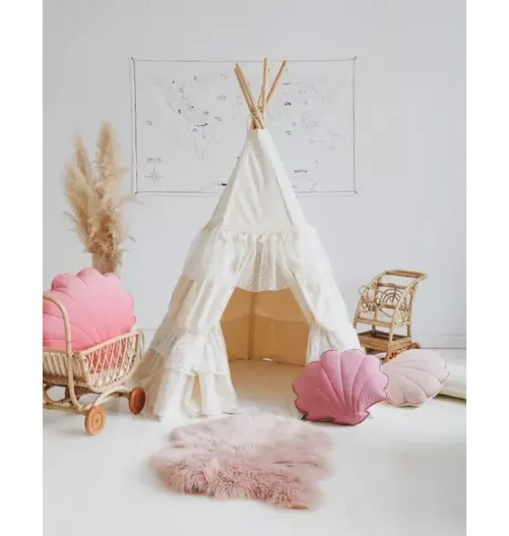 “Shabby Chic” Teepee Tent with Frills and "White" Leaf Mat Set