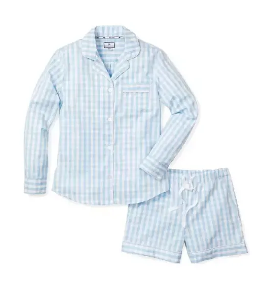 Light Blue Gingham Long Sleeve Short Set