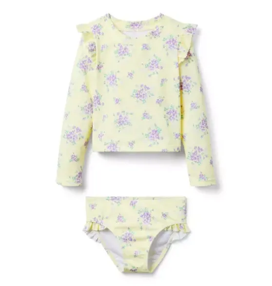 Recycled Floral Ruffle Rash Guard Swimsuit