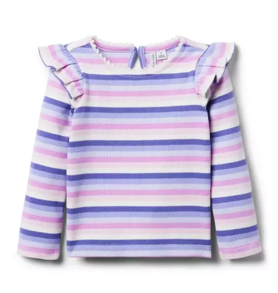 Striped Ribbed Ruffle Shoulder Top