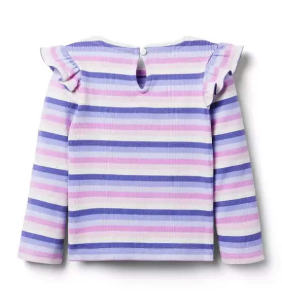 Striped Ribbed Ruffle Shoulder Top
