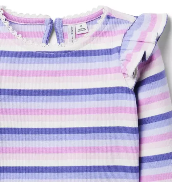 Striped Ribbed Ruffle Shoulder Top