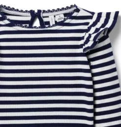 Striped Ribbed Ruffle Shoulder Top